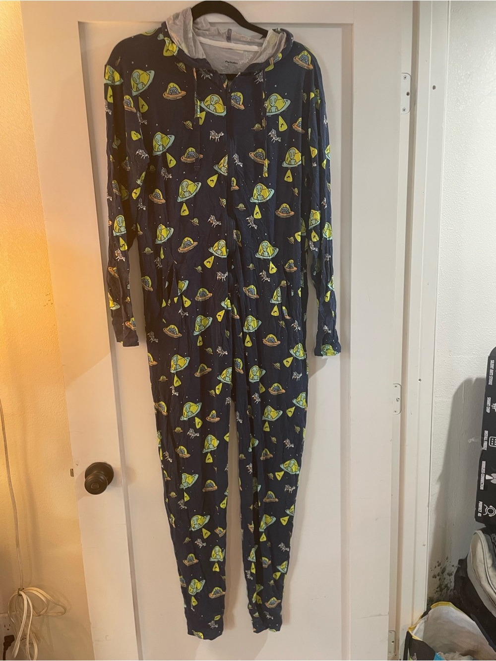 MeUndies Navy Hooded Space-oPrint One-Piece Pajamas. New!